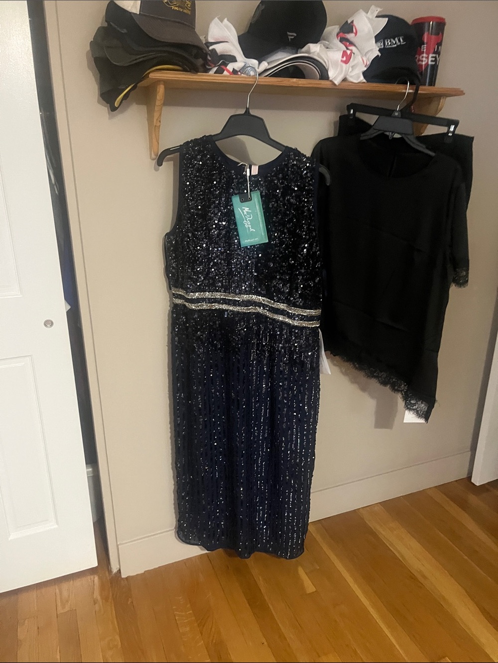 Mac Duggal Navy Sequin Sleeveless Dress with Silver Beaded Waist